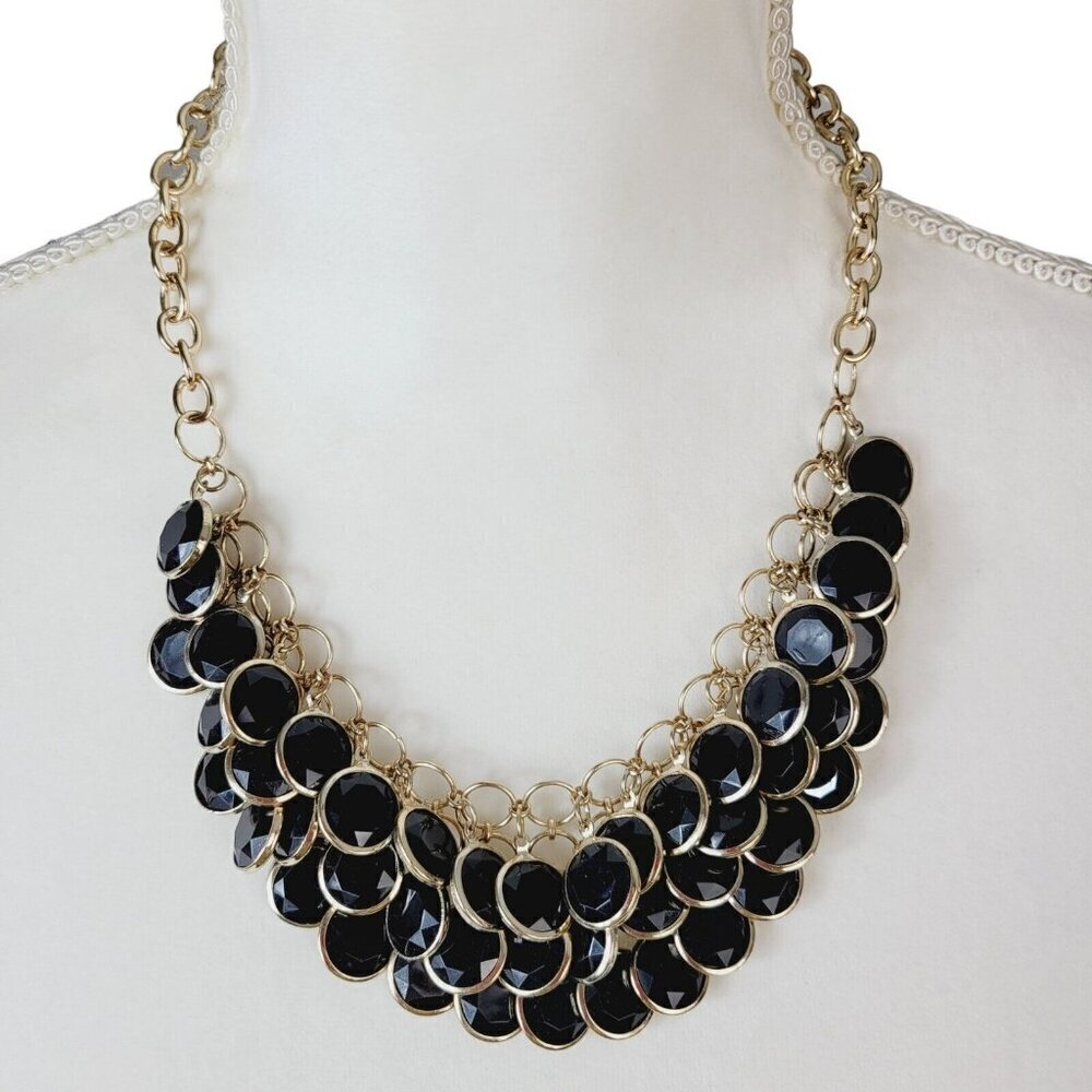 Faceted Black Acrylic Discs Statement Necklace Faux Glass Gold Tone 20" VGC